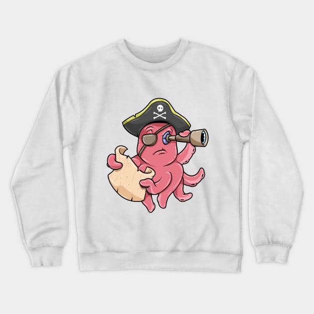 Octopus as Pirate with Treasure map and Binoculars Crewneck Sweatshirt by Markus Schnabel